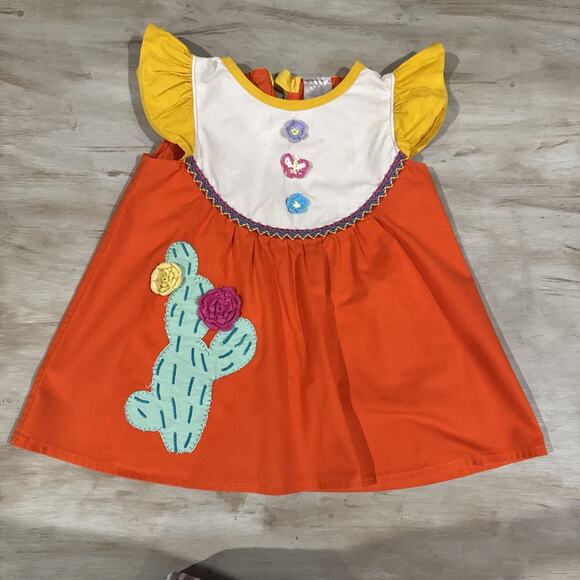 Freckled Chicken Dress Orange With Yellow Cap Ruffle Sleeves Cactus Flower Boho - Picture 1 of 8